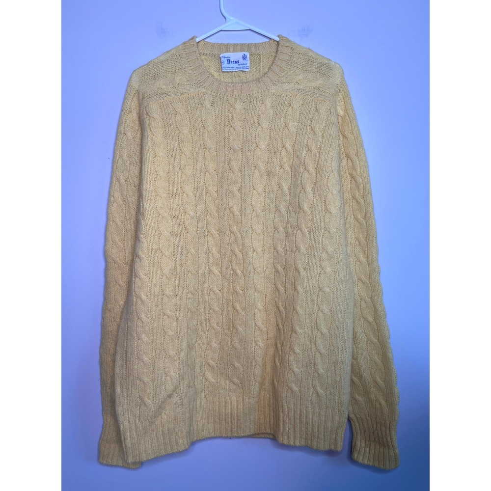 1980s Deans of Scotland Butter Yellow Shetland Wool Cable Knit Sweater 44 XL